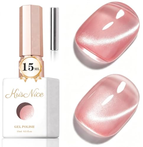KRISNICE Jelly Glass Cat Eye Gel Polish with Magnet 15ML Holographic Glitter Shimmer Translucent Sheer Color Magnetic Nail Polish Salon DIY at Home (Fruit Nude Peach, MY035)