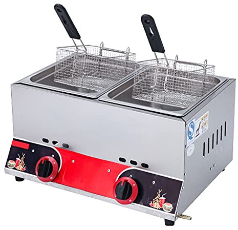 Kommerzielle Fritteuse - Edelstahl LPG Gas, Doppelkorb, einstellbare Flamme für effizientes Kochen in Küchen und Gastronomie