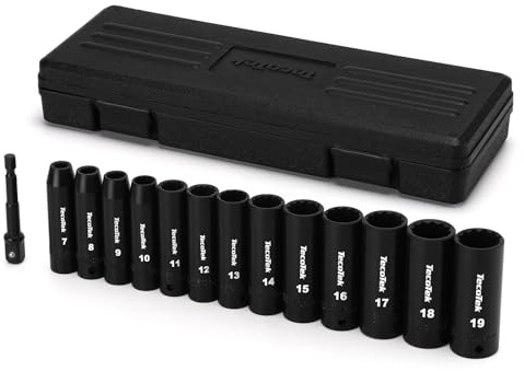TecoTek 14 Pieces 3/8-Inch Drive Deep 12-Point Metric Impact Socket Set, CR-V, 7mm to 19mm, 1/4-3/8 Drill Adapter