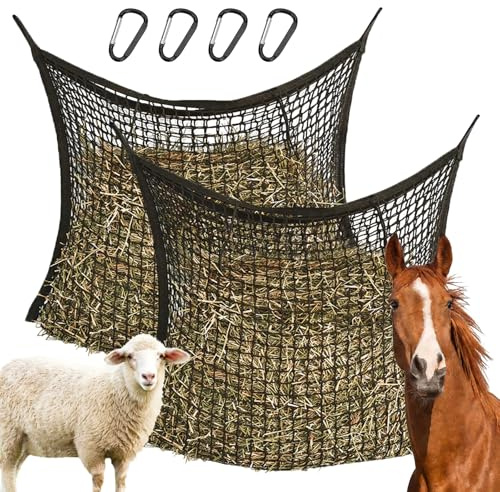 GOUYENG Red de Heno para Caballos,2 Piezas Red de Heno Pacas 80x90 cm,Malla de Henos,con 4 Mosquetones,Capacidad de 8 Kg,Prolongación de La Hora de Alimentación,para Cabras,Animales,Caballos