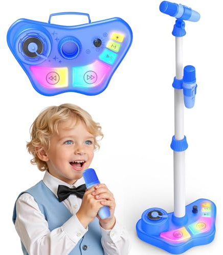Dislocati Microfono per Bambini con Supporto e Altoparlante, Giocattolo Musicale con Luci LED, Microfono Regolabile da 47-108 cm, Regalo per Bambini 3+ Anni (Blu)