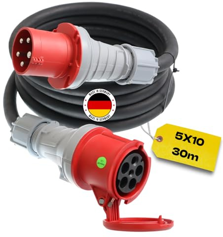Starkstromkabel 63A 30m H07RN-F 5x10 Starkstrom Verlängerungskabel CEE Verlängerung 63 Ampere Kabel 5x10mm2 Baustelle Werkstatt Industrie Geeignet Outdoor IP44 Spritzwassergeschütz