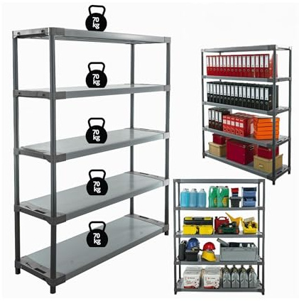 MODO24 Kunststoffregal Jupiter 180x150x46 cm, 5 Ablagen à 70 kg | Lagerregal aus Kunststoff für Keller, Garage, Vorratsraum, Werkstatt, Kellerregal, Steckregal modular, Plastikregal, Grau
