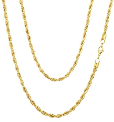 Richsteel Collana da uomo hip-hop corda a catena-twist rope catena di cavo corda di collegamento larga, 3 mm, 6 mm, 18/20/22/24/26/28/30 in acciaio inossidabile, colore: argento/oro/nero (scatola