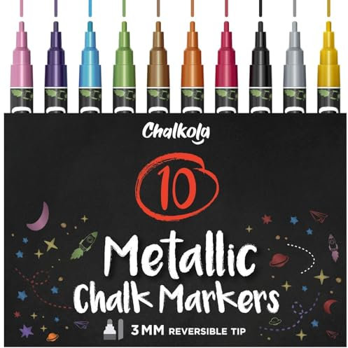 Chalkola Kreidestifte für Tafel Abwaschbar | 10 Metallic Stifte mit 3mm Umkehrbarer Spitze | Kreide Stift für Fenster, Tafel, Whiteboard & als Glasstift. Chalk markers für Erwachsene & Kinder