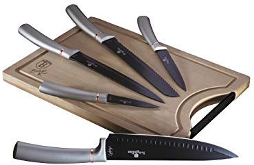 Berlinger Haus Moonlight Juego 5 Cuchillos Cocina Profesional Tabla Cortar de Bambú, Hoja Acero Inoxidable Recubrimiento Antiadherente Cocinero Cebollero Pan Santoku Pelador, Diseño Elegante (BH-2556)