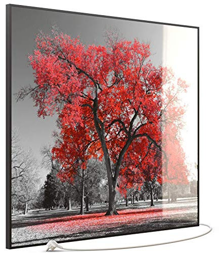 STEINFELD Heizsysteme® Glas Bild Wandheizung Infrarotheizung mit Thermostat | Made in Germany | viele Motive 350-1200 Watt Rahmen schwarz (1200 Watt, 010 roter Baum)