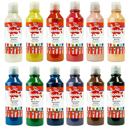 Scola Readymix Water Based Washable Tempera Paint, 12 Assorted Bright Colours, 300ml Bottles, Safe Non-Toxic Poster Paints, Craft Projects, Suitable for 3+