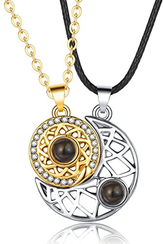 CERSLIMO Valentine Gifts for Him/Hers - Couple Magnetic Necklaces,2 Matching Necklaces for Couples Gift for Boyfriend/Romantic Moon and Sun Pendant Cubic Zirconia,Silver-Gold, Cubic Zirconia,