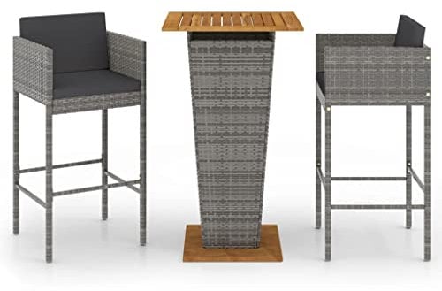 vidaXL Gartenbar Set 3-TLG. mit Kissen Theke Bar Tresen Gartentheke Bartisch Stehtisch Barhocker Barstuhl Gartenmöbel Poly Rattan Grau