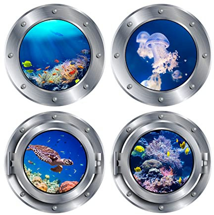 PLIGREAT 4 Stück 3D Blau Unterwasserwelt Wandtattoo Badezimmer Kinderzimmer Quallen Schildkröten Wandsticker Meerestiere DIY Wandaufkleber für Schlafzimmer Schrank Wanddeko, 116x28 cm