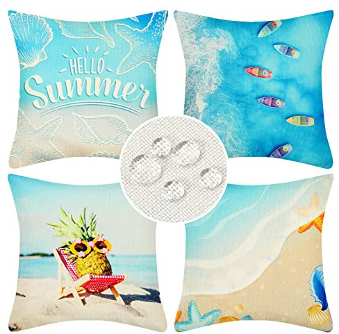 Velvhom 4er-Set Dekorativ Kissenbezüge Wasserdichter Kissenbezug Meer Ozean Strand Kissenhülle 45x45 cm Urlaub Outdoor Kissenbezug für Sommer Frühling Gartenstuhl Sofa Terrasse,Blau