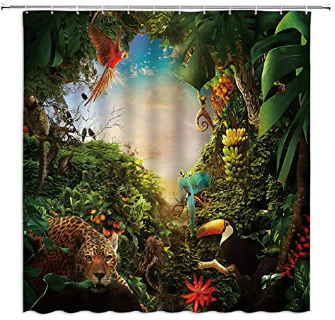 TITINGLUCK Tropischer Dschungel Landschaft Duschvorhang Badezimmer Dekor Wildes Tier Hirsch Papagei Leopard Home Badewanne Polyester Vorhang 300x200cm/118x79in(WxH)