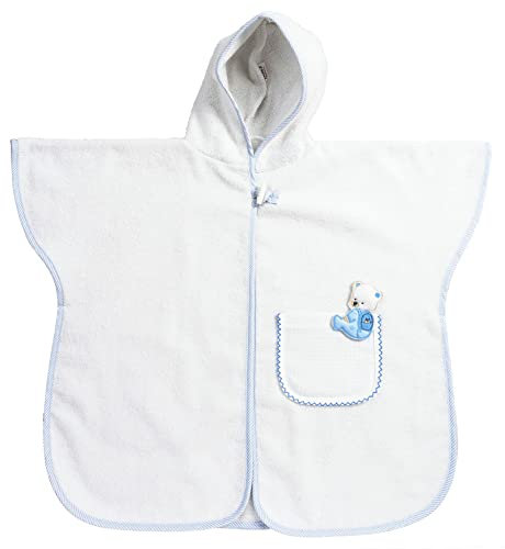 Filet - Poncho da Bagno per Neonati e Bambini Fino a 2 anni, Accappatoio con Cappuccio in Spugna di Cotone, Tasca in Tela Aida da Ricamare, Made in Italy, Taglia Unica, Bianco e Azzurro