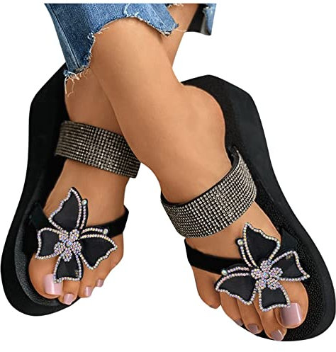 Pantoffeln Damen Sommer Elegant Leder Flach Bequem Zehentrenner Sexy Badeschuhe Feste Sohle Badelatschen Glitzer Sandalen Verstellbar rutschfest Outdoor Flip Flops Strandschuhe