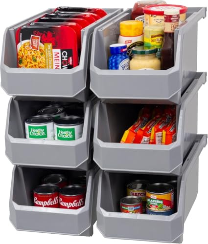 ReadySpace - Set de 6 contenedores de plástico para organización y almacenamiento, apilables, grandes, 37,6 x 20,3 x 17,8 cm, para armario, cocina, oficina, garaje o despensa, gris