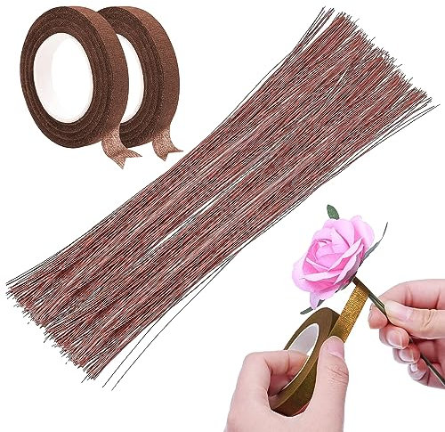 Woohome Herramientas Arreglo Floral Set, Alambre de Tallo Alambre Floral 23.5 Pulgadas Alambre de Calibre 26 (0,5 mm) 200 Piezas y 2 Rollos Marrón Cinta de Ramo Autoadhesiva