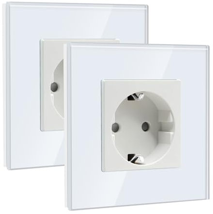 BSEED 2 x Wandsteckdose, Schuko-Steckdose mit weißem Glaspanel, 16 A, 250 V, Verlängerungssteckdosen für Küche, Schlafzimmer, Büro, Hotel usw