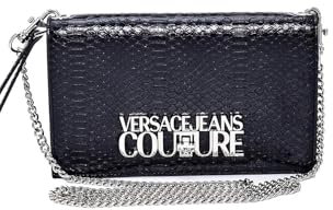 Versace JEANS COUTURE Schultertasche Jeans Krokodilprägung Kunstleder Krokodillederoptik Schulterriemen Leder Kettenglieder aufgesetzte Gesäßtasche Nummernschilder, Schwarz , Einheitsgröße
