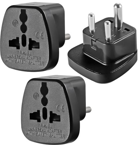 3-Pack UK to India Plug Adapters India Power Converter Grounded Universal Travel Adapter 3 Pin India International Type D Plug (Black)