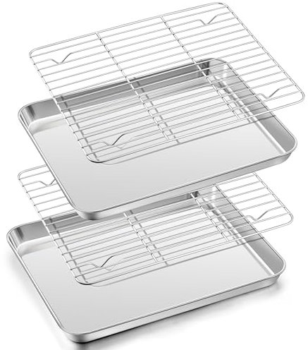 Herogo Juego de bandeja de horno con rejilla de enfriamiento, bandeja para tartas de acero inoxidable con rejilla para tartas (2 bandejas para hornear, 2 rejillas de enfriamiento), bandeja rectangular