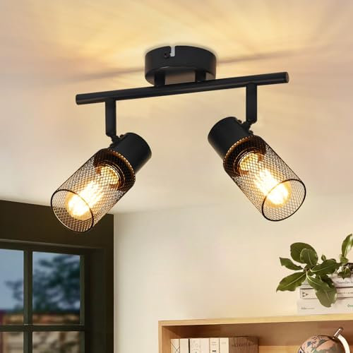 Glitzerlife Deckenleuchte 2 Flammig Deckenstrahler Schwarz - Deckenlampe Spot Metall Industrial Schwenkbar 330° E27 LED für Flur Gang Wohnzimmer Schlafzimmer esszimmer Eingangstür Ohne Leuchtmittel