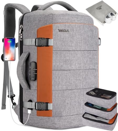 Tzowla Travel Laptop Backpack Cabin Size 40L Mens Womens, Carry on Large Capacity Anti Theft Backpacks for Travelling with USB Charging Port,Business Causal Daypack Bag Fits 17.3Inch Laptop,Grey