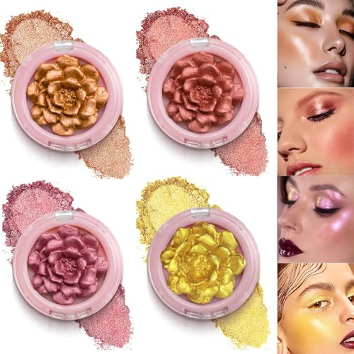4PCS Highlighter Palette, 3D Rose Blush, Body Luminizer Highlighter Face Makeup, Shimmer Body Glow Face Powder, Glossy Long Lasting Highlighters Makeup