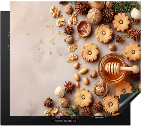 KitchenYeah© Protège Plaque Induction 59x52 cm Deco Cuisine Protection Pour Plan De Travail Cuisson Protégé Miel - Biscuits - Béton - Automne