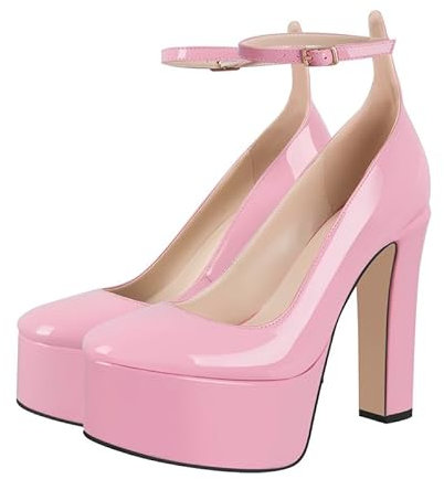 blingqueen Damen Plateau High Heels Mary Jane Schuhe Riemchen Pumps mit Blockabsatz Rosa 46 EU