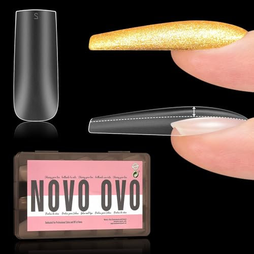 NOVO OVO Vorgefertigte Apex quadratische Nagelspitzen für flache Nägel, klare, vollflächige, Acryl-Nagelspitze zum Aufpressen, vorab aufgetragener Tip-Primer und Basislack, dicke 15 Größen 150 Stück