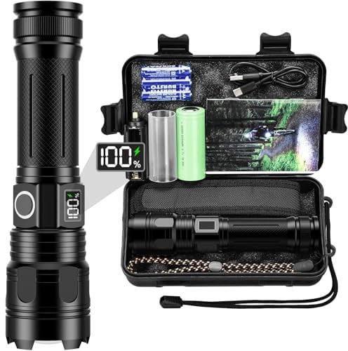 Akdomart Lampe Torche LED Ultra Puissante 500000 Lumen, Lampe de poche Rechargeable usb avec batterie 5000mAh, Zoomable 5 Modes Lampe tactique militaire AK-01 (Gris)