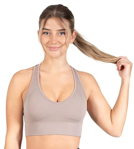 SMILODOX Sport BH Damen Amaze Pro - Blickdicht rutschfest Sport Bra - Seamless Gerippter Stoff Crop Top - Atmungsaktive Yoga Tank Top für Fitness & Gym, Größe:S, Color:Taupe