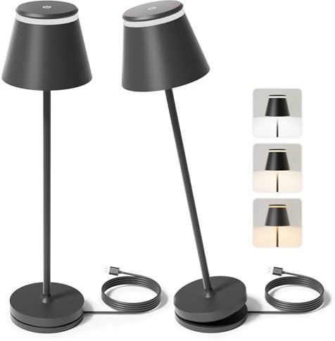Neoglint Dimmable LED Battery Table Lamp, with USB Charging Station, Supports Type C, Wireless Table Lamp, Touch Control, with Remote Control, IP54, 3 Colour Temperatures Brightness Adjustable, Black