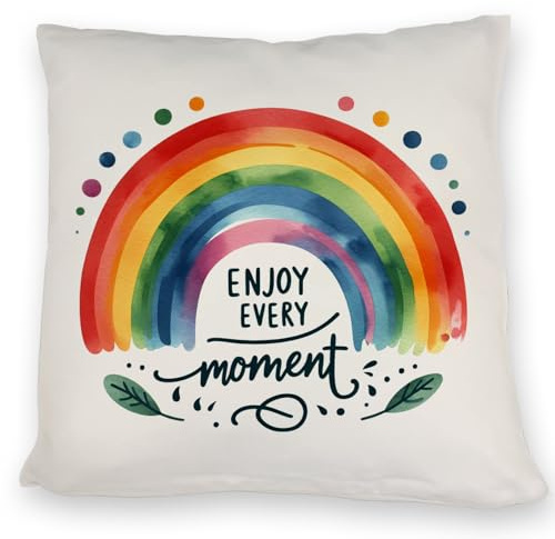 Regenbogen Kissen mit Spruch Enjoy Every Moment MotivationsKissen in Regenbogenfarben buntes Design in rot orange gelb und grün für Positive Energie