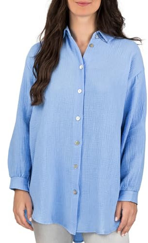 DENIMFY Musseline Bluse Damen Oversized DFMathilda Hemdbluse Sommer Langarm Knopfleiste Einfarbig 100% Baumwolle Blau M-L, Größe:M/L, Farben:Middle Blue (59319)