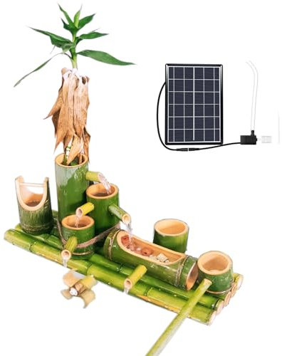 KHYTEBV Fontaine Solaire en Bambou, avec Pompe à Eau 8W, Pierre filtrante et Pot de Fleur en Bambou, adaptée à l'extérieur et à l'aquarium, Fontaine en Bambou Frais