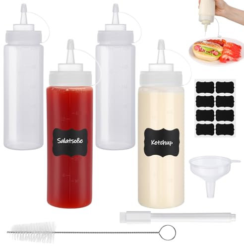 dusaniyali Squeeze Flasche, 4 Stück 500ml Quetschflasche 16oz Plastik Dosierflasche mit Kappe, Spritzflasche Condiment Flaschen mit Trichter Reinigungsbürste für Ketchup, Senf, Mayo, Olivenöl,Malen