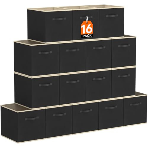 Lifewit 16 Stück Aufbewahrungsbox aus Stoff, Faltbar Aufbewahrungswürfel Kallax Boxen Aufbewahrung aus Vliesstoff mit Griff für Würfelregal Kallax Boxen Regal Einsatz, 33 x 33 x 33 cm Cm, Schwarz