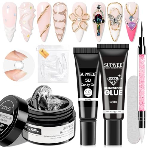 SUPWEE Solid Builder Gel 3D Nail Art Gel and Rhinestone Glue Gels for Nails Kit, Clear 3D Sculpting Gels Nail Painting Carved Super Adhesive for Home DIY Manicure