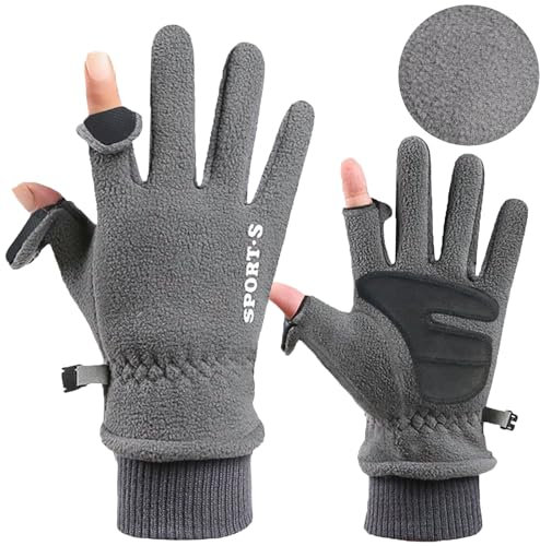 Fnaobai Fleece-Handschuhe für Damen und Herren, Winter, warm, Touchscreen, kaltes Wetter, verstellbares Handgelenk, Thermo-Fäustlinge zum Laufen, Skifahren, Grau, 2 Finger, Men