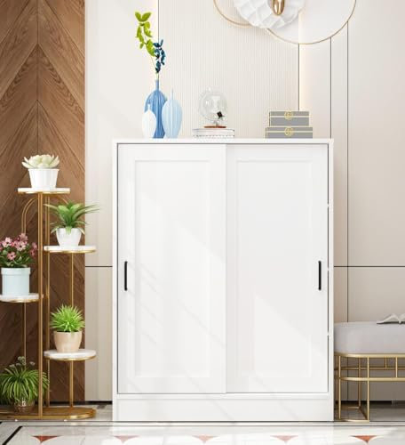 PREMTURE Armoire à chaussures coulissante à 2 portes avec 3 étagères - Blanc - MDF - 35 x 102 x 80 cm (P x l x H) - Pour couloir, salon
