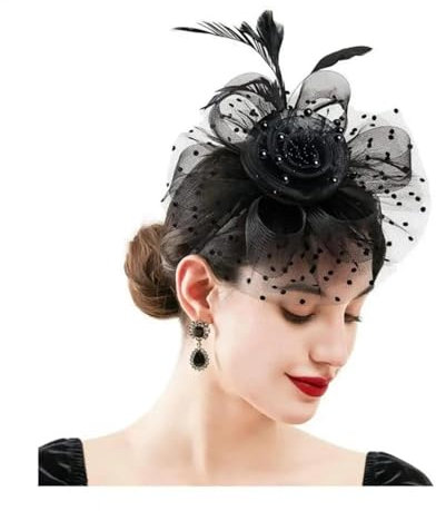YUEZHAN Stirnband Haarband Damen Fascinators Hut Mit Mesh-Blume Faux Pearl Feder Dekor Kopfstück Tea Party Kopf Bedeckung Clip Retro Hair Hoop Party Stirnband Schwarz