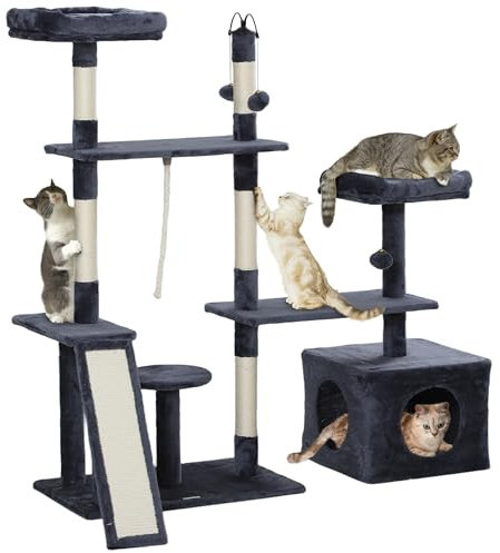 PawHut Árbol Rascador para Gatos 134 cm Torre para Gatos Rascador para Gatos con Nidos Cueva Plataformas Bolas de Juguete y Postes de Sisal Gris Oscuro