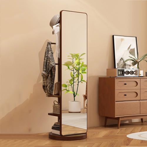 Miroir Complet Rotatif À 360°, Miroir De Sol en Bois Massif avec Porte-Manteau, pour Chambre, Entrée, Salon