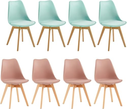 IPOTUS 8er Set Farbkombination Esszimmerstühle, Klassische Skandinavische Küchenstühle mit Retro Design für Cafe/Restaurant/Garten (4 Mintgrün+4 Rauchrosa)