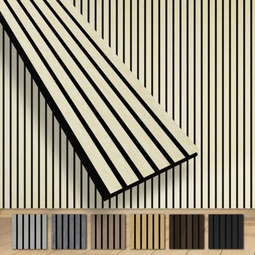 HEXIM Akustikpaneele 8 Stück 280x30cm Holz Grande - XXL Wandpaneele Platten Lamellen Holzpaneele Echtholzfurnier 21mm Filz Schalldämmung MDF Elfenbein (6,73m² Light Ash)