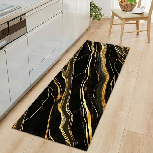 Lang rutschfest Flur Läufer Teppich 60 x 150 cm, Waschbar Schwarz Gold Korridor TeppichLäufer für Flur Schwarz Goldene Marmortextur Schlafzimmer Wohnzimmer Teppichmatte Dauerhaft Küchenteppich