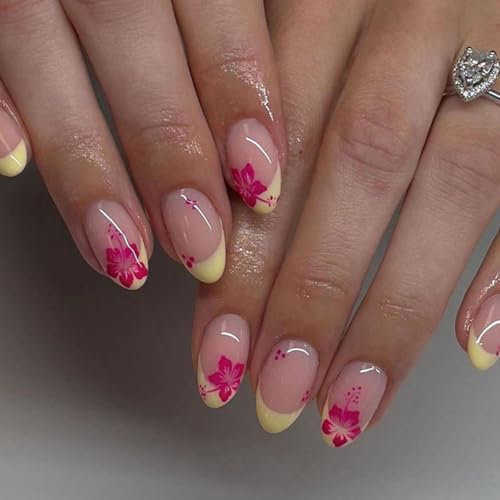 Yamobi 24 pièces d'ongles à presser mandel French été, ongles Softgel à coller avec motif hawaïen, ongles fleur jaune moyen, feuilles d'ongles réutilisables pour femmes