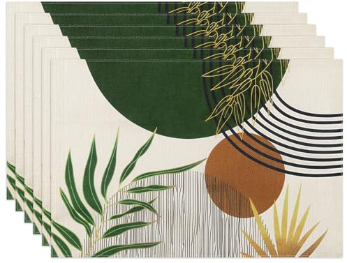 fanquare Boho Linen Place Mats for Table 6 Green Leaf Geometric Printed Placemats Large Cotton Linen Non-Slip Tablemats for Party Kitchen Restaurant (45x30CM)